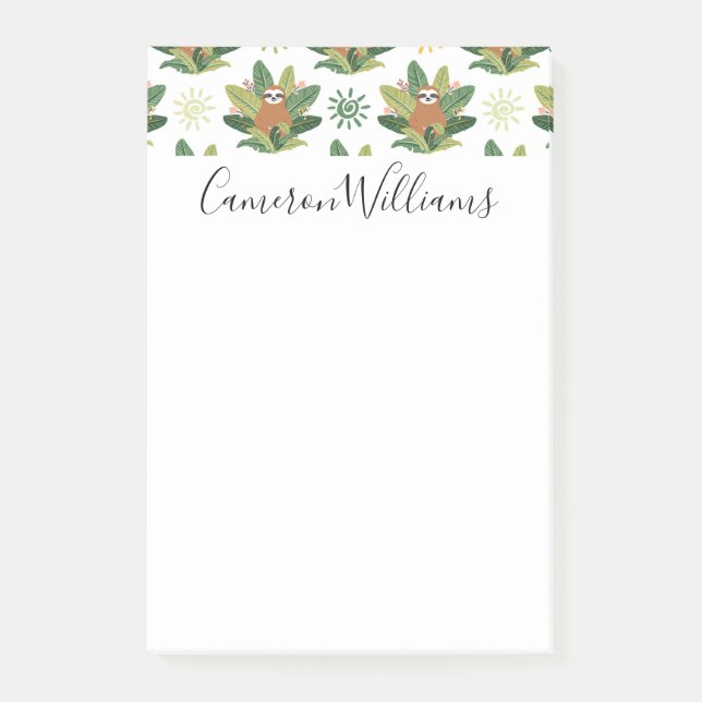 Add Your Name | Tropical Sloth Pattern Post-it Notes (Front)