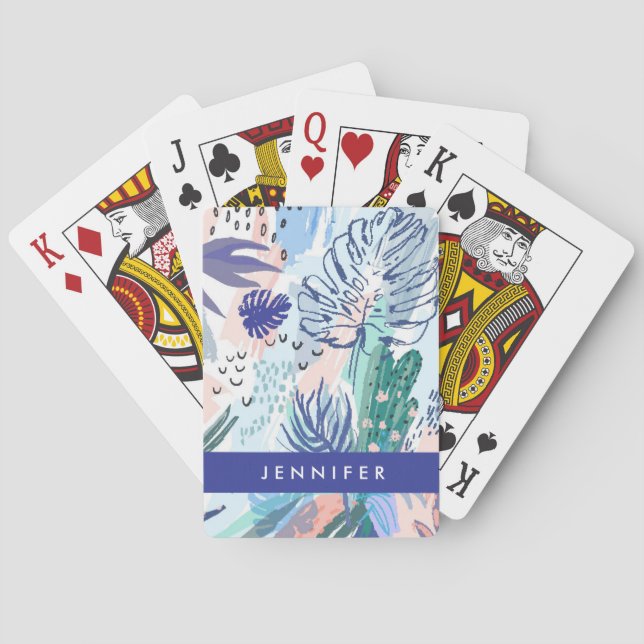 Add Your Name | Tropical Style Floral Pattern Playing Cards (Back)