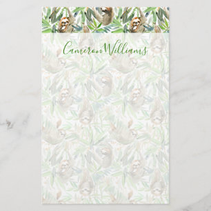 Add Your Name Tropical Watercolor Sloth Pattern Stationery