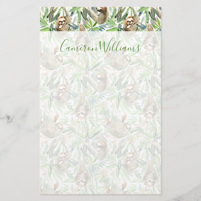 Add Your Name | Tropical Watercolor Sloth Pattern Stationery (Front)