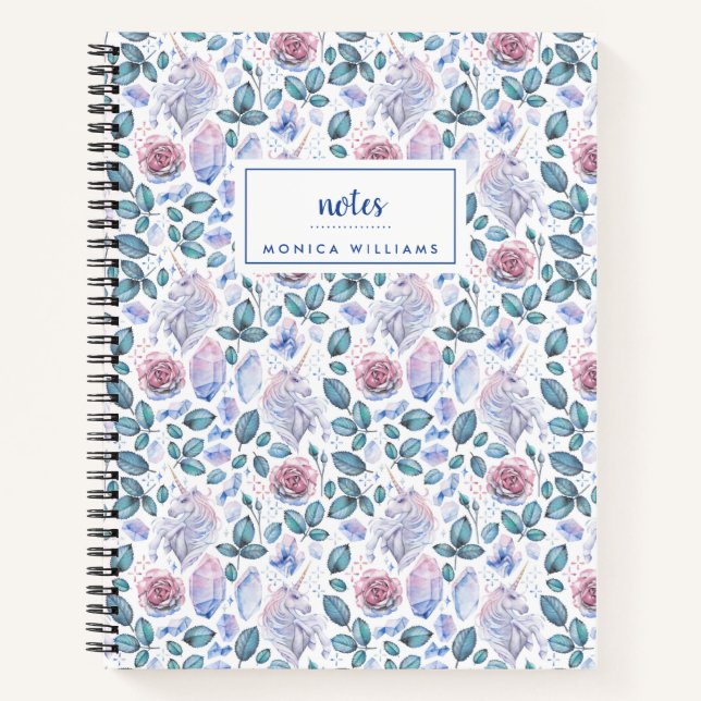 Add Your Name | Unicorn Crystals & Roses Notebook (Front)