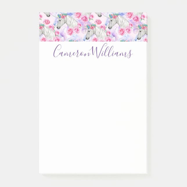 Add Your Name | Unicorns & Roses Pattern Post-it Notes (Front)