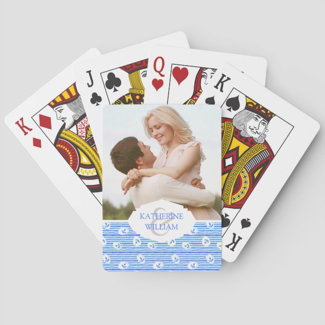 Add Your Name | Watercolor Anchor Pattern Playing Cards (Back)