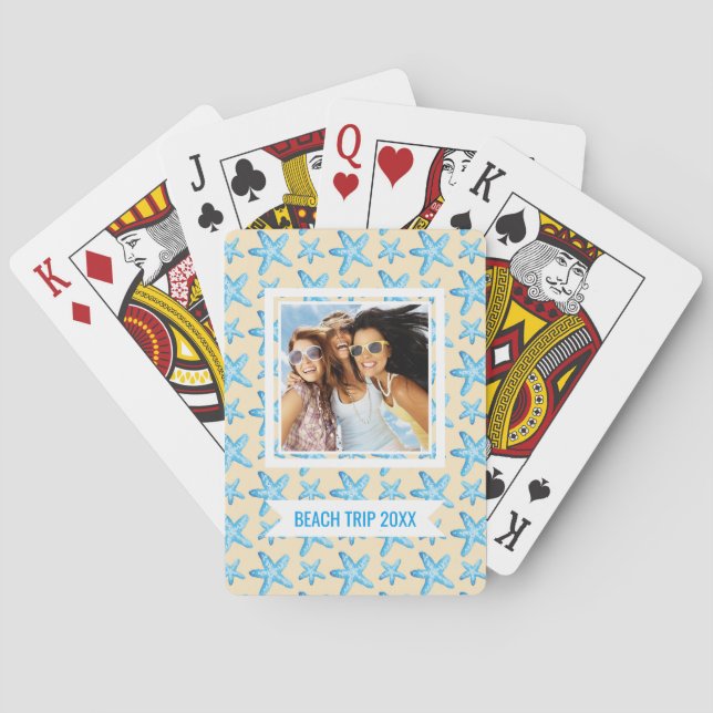 Add Your Name | Watercolor Blue Starfish Pattern Playing Cards (Back)