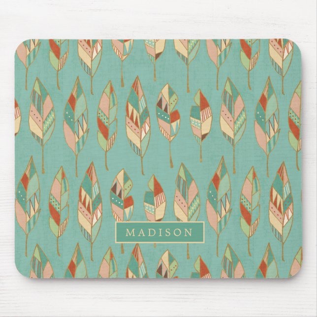 Add Your Name | Watercolor Feather Pattern Mouse Mat (Front)