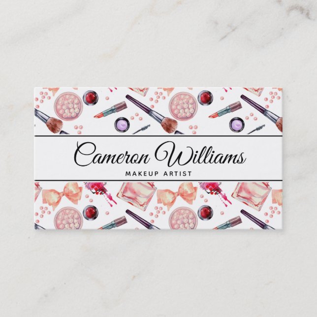 Add Your Name | Watercolor Makeup Pattern Business Card (Front)