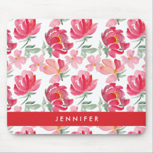 Add Your Name Watercolor Peony Pattern Mouse Mat