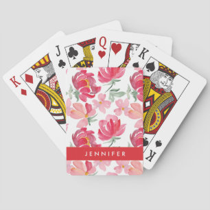 Add Your Name Watercolor Peony Pattern Playing Cards