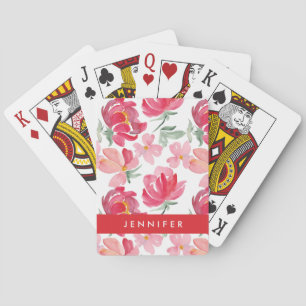 Add Your Name   Watercolor Peony Pattern Playing Cards
