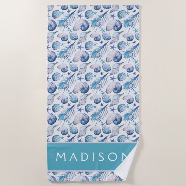 Add Your Name | Watercolor Shells Beach Towel (Front)
