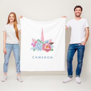 Add Your Name Watercolor Unicorn Floral Crown Fleece Blanket