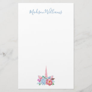 Add Your Name   Watercolor Unicorn Floral Crown Stationery