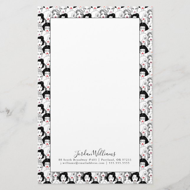 Add Your Name | Women With Lipstick Pattern Stationery (Front)