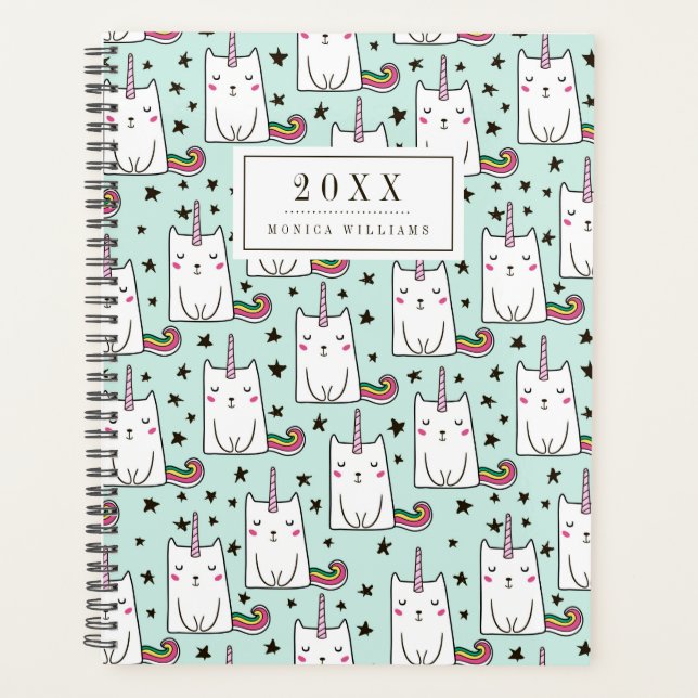 Add Your Name/Year | Cute Hand Drawn Unicorn Cat Planner (Front)