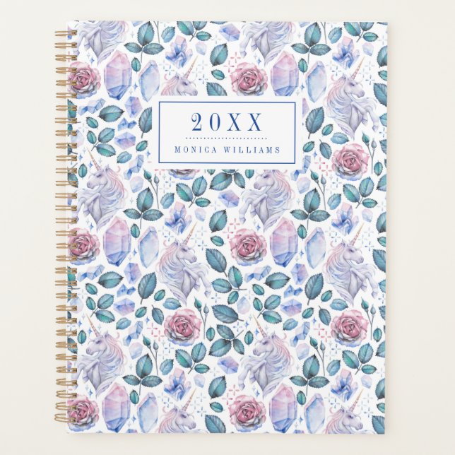 Add Your Name/Year | Unicorn Crystals & Roses Planner (Front)