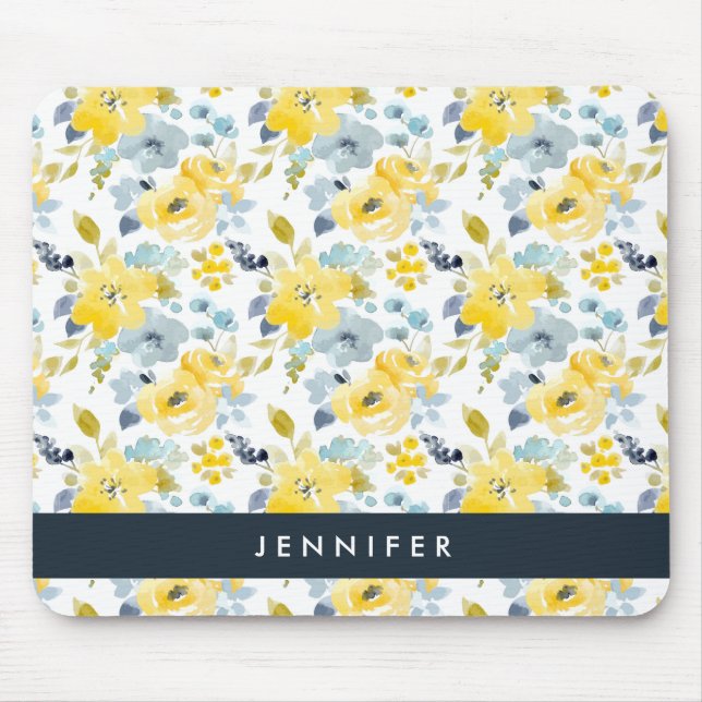 Add Your Name | Yellow & Blue Watercolor Pattern Mouse Mat (Front)