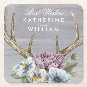Add Your Names Floral Deer Antlers Square Paper Coaster