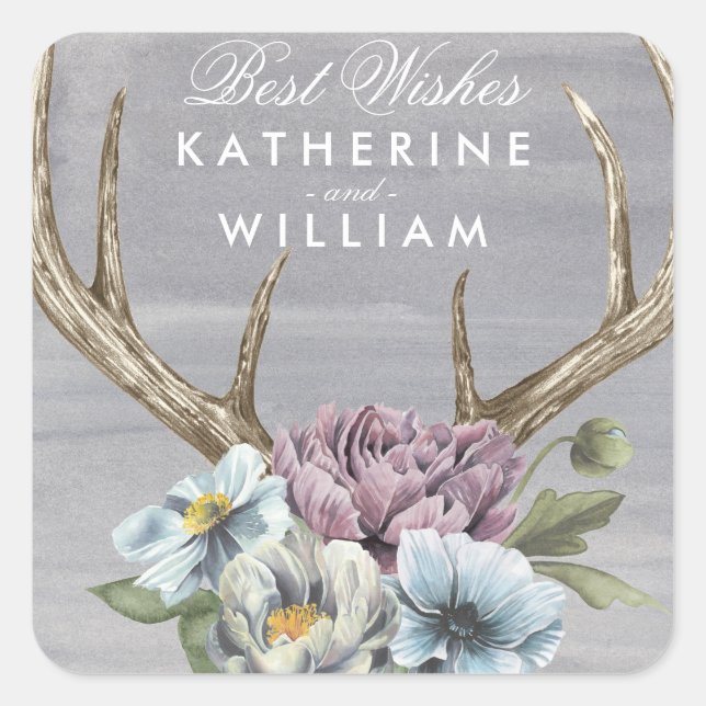 Add Your Names | Floral Deer Antlers Square Sticker (Front)