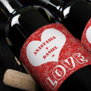 Add your names on red grey and white heart pattern wine label