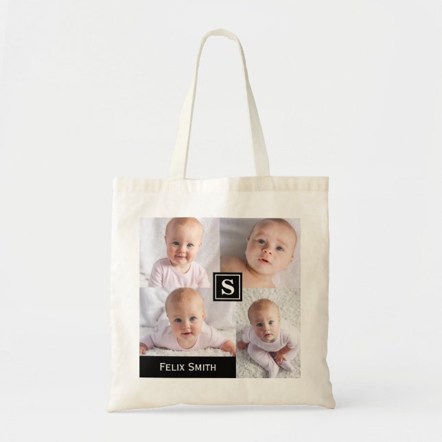 Add Your Own 4 Photo Collage Personalised Monogram Tote Bag (Front)