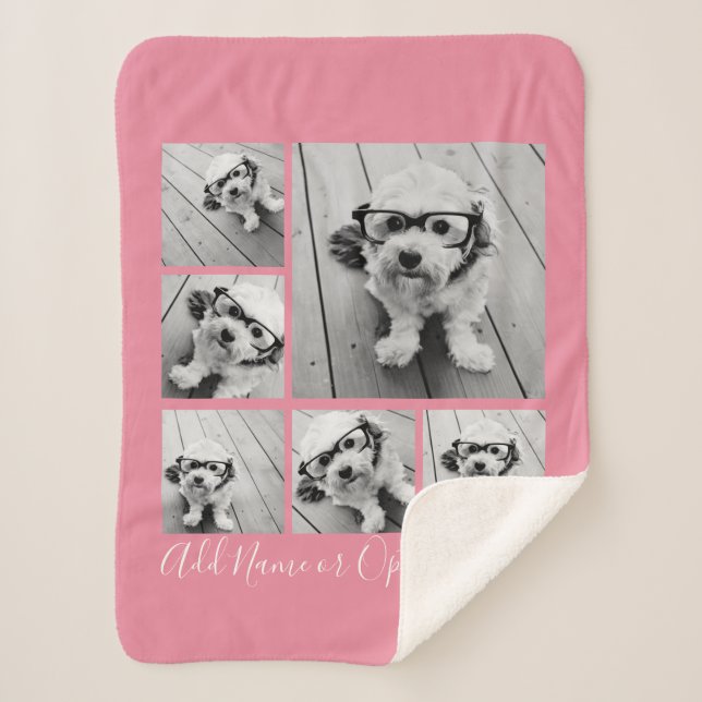 Add Your Own 6 Photos Collage -- CAN edit pink Sherpa Blanket (Front)
