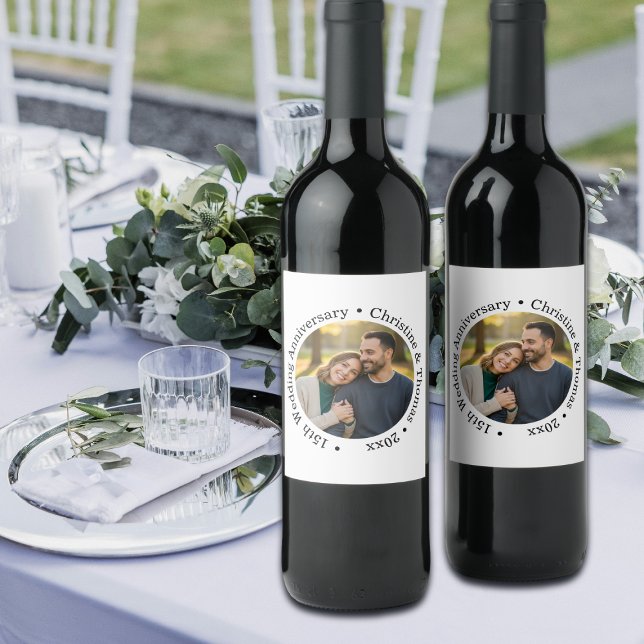 Add Your Own Couple Photo 15th Wedding Anniversary Wine Label (Creator Uploaded)