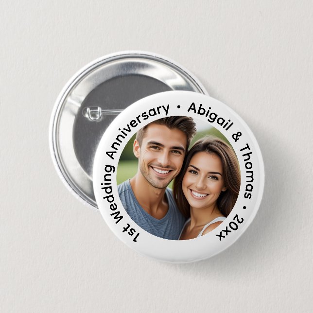 Add Your Own Couple Photo 1st Wedding Anniversary  6 Cm Round Badge (Front & Back)