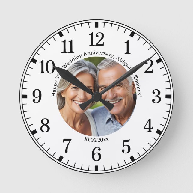 Add Your Own Couple Photo 50th Wedding Anniversary Round Clock (Front)