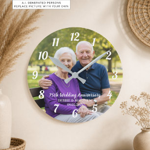 Add Your Own Couple Photo 75th Wedding Anniversary Round Clock