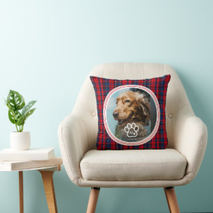 Add Your Own Dog Pets Photo Monogram Name Tartan Cushion