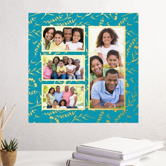 Add Your Own Family Photos 4 Photo Collage Floral  Foil Prints (In Situ (Desk 3))