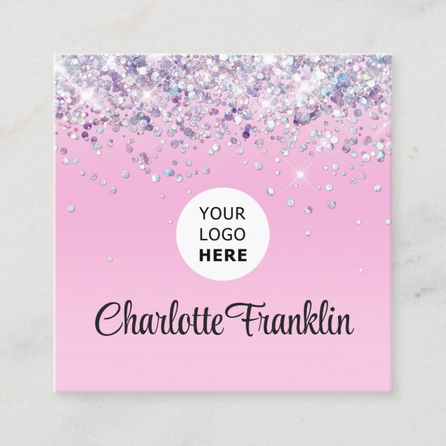 Add your own image logo circle elegant glitter square business card (Front)