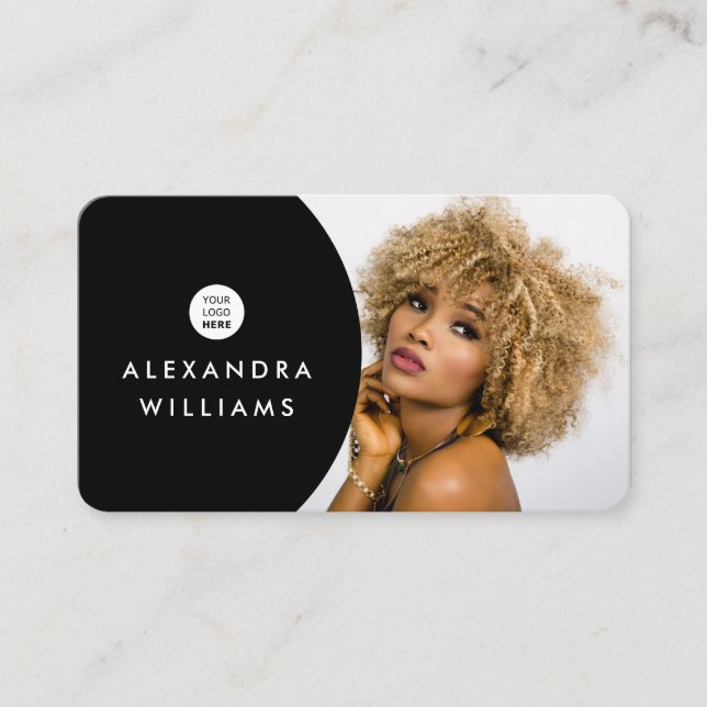 Add Your Own Image QR Code & Logo Modern Black Business Card (Front)