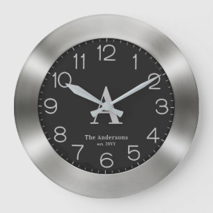 Add Your Own Monogram Black & Silver Family Name Large Clock