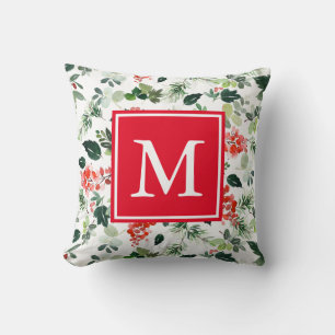 Add Your Own Monogram Holiday Greenery Pattern Cushion