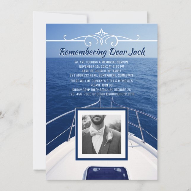 Add Your Own Photo Boat Memorial Service Sailor Invitation (Back)