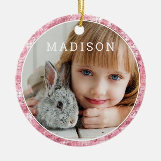 Add Your Own Photo Cute Pink Easter Personalised Ceramic Tree Decoration (Front)