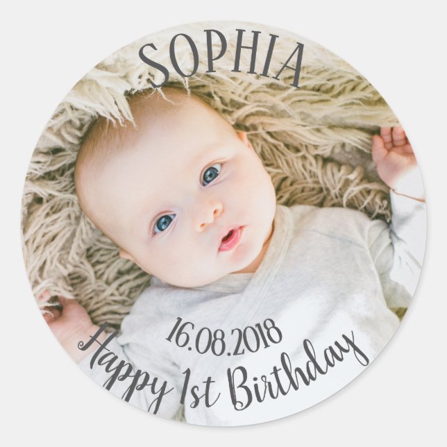 Add your own photo First Birthday Classic Round St Classic Round Sticker (Front)