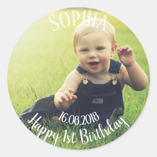 Add your own photo First Birthday Classic Round Sticker (Front)