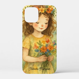 Add your own photo Happy girl with flowers retro iPhone 12 Mini Case