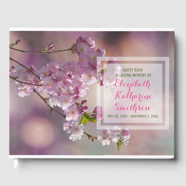 Add Your Own Photo Memorial Pink Cherry Blossoms Guest Book (Front)