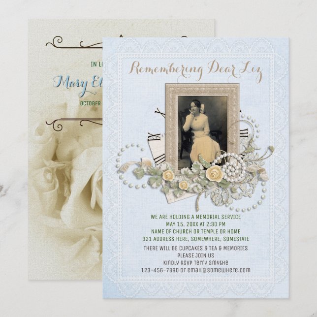 Add Your Own Photo Memorial Service Roses Pearls Invitation (Front/Back)