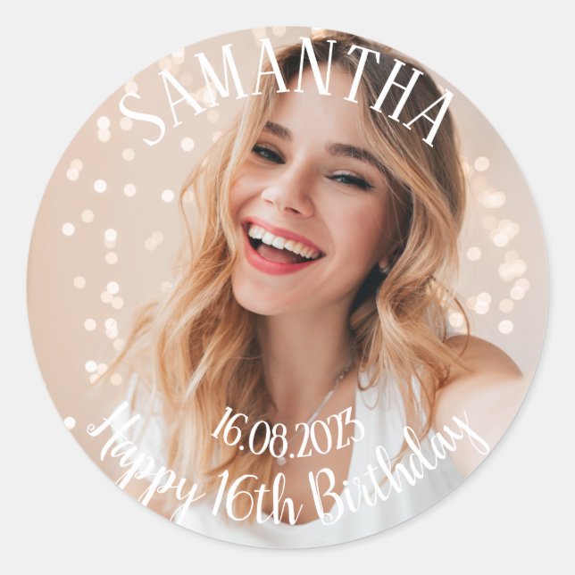 Add your own photo personalised 16th Birthday  Classic Round Sticker (Front)