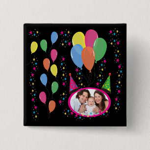 Add Your Own Photo to Party Hats and Balloons 15 Cm Square Badge