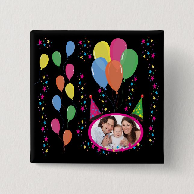 Add Your Own Photo to Party Hats and Balloons 15 Cm Square Badge (Front)
