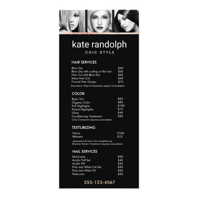 Add Your Own Photos  Black Salon Price List Menu (Front)