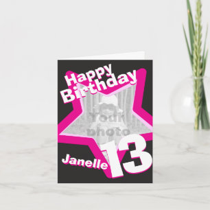 Add your own star photo pink 13th birthday card