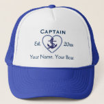 Add your own Text. Captain's Cap. Trucker Hat<br><div class="desc">Navy Blue and White,  Nautical themed cap. Perfect for boat lovers! Sail along with this stylish cap. Add your own year,  your name,  and also your boat's name (if you wish). Create yourself a unique cap.</div>