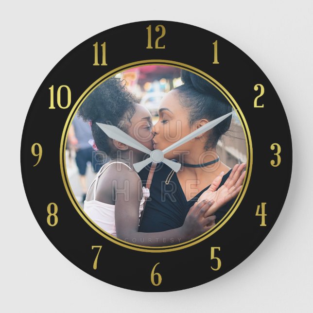 Add Your Personalised Photo | Gold Black Elegant Large Clock (Front)