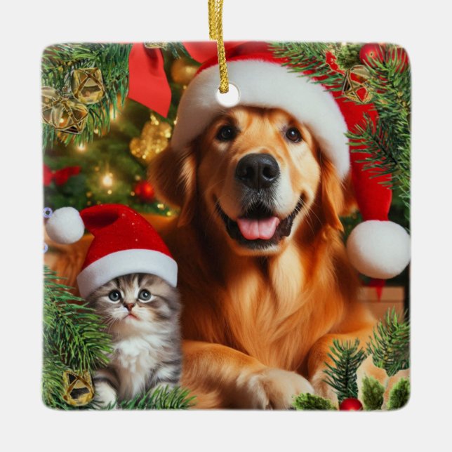 Add your Pet or Family Photo / Christmas Wreath  Ceramic Ornament (Front)